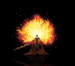  1boy black_background chun_grandfa coiled_sword elden_ring elden_ring:_shadow_of_the_erdtree emaciated fire flaming_head headless highres midra_lord_of_frenzied_flame orange_robe pixel_art rags reflection robe shawl solo torn_clothes torn_robe withered yellow_robe yellow_shawl 