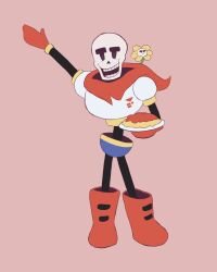 1boy 2023 2d arm_up armor blue_shorts boots cape digital_media duo flower flowey_(undertale) food full_body gloves highres holding holding_food holding_plate humanoid iamallofbea male male_focus male_only monster monster_boy papyrus_(undertale) pasta plant plate red_background red_boots red_cape red_gloves shorts simple_background skeleton spaghetti standing teeth thick_eyebrows undead undertale utdr_(toby_fox) white_armor yellow_flower 
