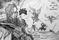  2boys 4girls absurdres armor book bright_pupils chronozbergh crosshatching elden_ring elden_ring_nightreign english_text executor_(elden_ring) facial_hair full_body gloves greyscale hair_over_one_eye hatching_(texture) high_collar highres hip_armor holding holding_book holding_polearm holding_weapon in-universe_location linear_hatching looking_at_viewer monochrome monocle monocle_chain multiple_boys multiple_girls mustache_stubble ornate_armor polearm robe sarong scholar_(elden_ring) spear stubble traditional_media weapon weapon_bequeathed_harmonia_(elden_ring) white_pupils white_robe white_sarong wide_hips 