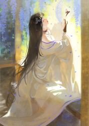  1girl absurdres bare_shoulders black_choker black_gloves black_hair blue_flower character_request chinese_commentary choker commentary_request falling_petals flower from_side gloves hair_ornament half-closed_eyes hand_fan highres holding holding_fan japanese_clothes kimono kneeling lace-trimmed_choker lace_trim long_hair long_sleeves luori_dianxin outdoors parted_lips partially_fingerless_gloves path_to_nowhere petals profile purple_lips shadow solo straight_hair very_long_hair white_kimono wide_sleeves 