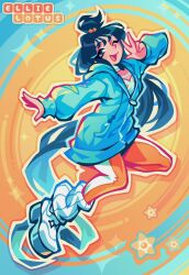 1girl black_hair blue_hoodie cube_hair_ornament ellie_lotus grey_eyes hair_ornament highres hood hood_down hoodie jacket leggings lida_(pokemon) long_hair long_sleeves looking_at_viewer one_eye_closed open_mouth orange_leggings pokemon pokemon_(creature) pokemon_legends:_z-a ribbed_socks shirt shoes smile socks staryu topknot two-tone_legwear v white_leggings white_shirt white_socks wispy_bangs 