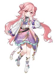  1girl angelos bad_source boots chinese_clothes cross-shaped_pupils double_bun flower full_body grin hair_bun hair_flower hair_ornament hand_up highres jacket long_hair long_sleeves looking_at_viewer original pink_eyes pink_hair puffy_long_sleeves puffy_sleeves see-through_clothes see-through_sleeves shuangyaji simple_background skirt smile solo symbol-shaped_pupils tassel twintails very_long_hair watermark white_background white_jacket yaopei yunjian 
