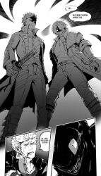  coat dante_(devil_may_cry) devil_may_cry_(series) devil_may_cry_5 fingerless_gloves gloves hair_slicked_back highres holding holding_weapon jacket looking_at_viewer male_focus multiple_boys nero_(devil_may_cry) oldmelon11 red_coat short_hair simple_background smile sword vergil_(devil_may_cry) weapon white_hair yamato_(sword) 