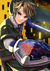  1boy absurdres armor blue_eyes brown_hair chainmail earrings green_hat green_tunic hat highres hylian_shield jewelry link looking_at_viewer male_focus master_sword mi9clous parted_lips phrygian_cap pointy_ears shield shirt solo the_legend_of_zelda the_legend_of_zelda:_twilight_princess tunic upper_body white_shirt 