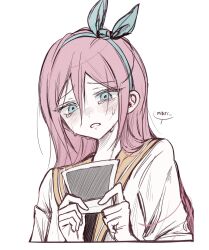  1girl aubrey_(faraway)_(omori) aubrey_(omori) blue_eyes blue_hairband blush commentary_request crying crying_with_eyes_open double-parted_bangs english_text hair_between_eyes hairband highres holding holding_photo jacket korean_commentary long_hair omori open_clothes open_jacket parted_lips photo_(object) pink_hair short-sleeved_jacket short_sleeves sketch solo speech_bubble tears upper_body white_jacket wktdms1 