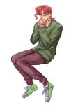  1boy 2608337875 absurdres adapted_costume bespectacled cherry_earrings earrings food-themed_earrings glasses hat highres jewelry jojo_no_kimyou_na_bouken kakyoin_noriaki male_focus own_hands_together redhead shoes sleeves_past_wrists solo stardust_crusaders sweater violet_eyes 