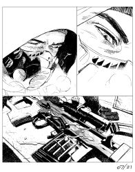  1boy chinese_commentary closed_eyes commentary_request fukurau greyscale gun hood hood_up male_focus mask monochrome respirator rifle skif_(stalker_2) sniper_rifle stalker_(game) stalker_2:_heart_of_chornobyl tears vss_vintorez weapon 