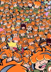  4boys 4girls 8-bit absurdres bleeding blonde_hair blood blood_from_mouth blood_on_face blue_eyes blush bow bowtie brief_(psg) brief_(psg)_(cosplay) chuck_(psg) cosplay food freckles ghost_(psg) ghostbusters_uniform green_hoodie hair_over_eyes headphones heart heart-shaped_pupils highres hood hoodie junior_(psg) kaeojay kneesocks_(psg) long_hair multicolored_hair multiple_boys multiple_girls official_style open_mouth orange_hair pancake panty_&amp;_stocking_with_garterbelt panty_(psg) panty_(psg)_(cosplay) polyester_(psg) polyurethane_(psg) scanty_(psg) siblings sisters smile splatoon_(series) stocking_(psg) stuffed_toy symbol-shaped_pupils tuxedo watermark zombie 