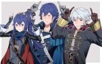  1girl 2boys alternate_hairstyle ameno_(a_meno0) black_robe black_sweater blue_cape blue_eyes blue_gloves blue_hair blush brown_eyes brown_gloves cape chrom_(fire_emblem) closed_eyes closed_mouth commentary_request father_and_daughter finger_horns fingerless_gloves fire_emblem fire_emblem_awakening fire_emblem_heroes gloves grey_gloves hair_between_eyes hood hood_down hooded_robe index_finger_raised long_hair long_sleeves looking_at_viewer lucina_(fire_emblem) multiple_boys ponytail red_cape robe robin_(fire_emblem) robin_(male)_(fire_emblem) simple_background sweatdrop sweater two-tone_cape white_hair 
