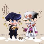  ... 2boys belt black_hair blue_eyes blue_hair chibi clenched_hand coat dead_animal diamond_wa_kudakenai dolphin_ornament gakuran halo hat higashikata_josuke jacket jojo_no_kimyou_na_bouken kujo_jotaro long_coat male_focus mikan03260 mouse multiple_boys ratt_(stand) rotting sam_browne_belt school_uniform shoulder_belt spoken_ellipsis sun_ornament white_coat white_jacket x_x 