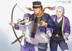  1girl 2boys arrow_(projectile) asirpa black_hair black_vest blue_eyes blue_jacket bow_(weapon) buzz_cut cape closed_mouth commentary_request drawing_bow facial_hair foxvulpine fur_cape goatee golden_kamuy grey_hair gun headband holding holding_bow_(weapon) holding_gun holding_weapon jacket long_hair mature_male multiple_boys purple_headband rifle scar scar_on_face scarf shiraishi_yoshitake short_hair sugimoto_saichi very_short_hair vest weapon yellow_scarf 