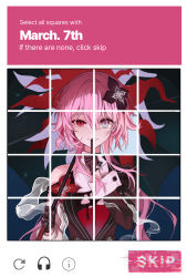  1girl absurdres asymmetrical_dress black_dress black_gloves captcha daon_(93111_ys) dress dual_persona english_text evernight_(honkai:_star_rail) finger_to_mouth flower glitch gloves hair_flower hair_ornament highres holding holding_umbrella honkai:_star_rail honkai_(series) long_hair looking_at_viewer march_7th_(honkai:_star_rail) pink_hair red_eyes shirt split_theme straight-on umbrella white_shirt 