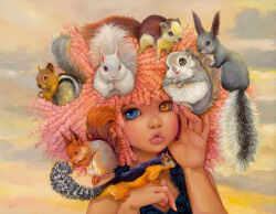  1girl afro blue_eyes camilla_d'errico clouds cloudy_sky dark-skinned_female dark_skin eyelashes heterochromia keyhole_lips lips nose orange_eyes original pink_hair sky solo squirrel thick_lips upper_body 