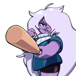  1girl amethyst_(steven_universe) amy_(steven_universe) ball baseball_(object) baseball_bat baseball_uniform blue_eyes colored_skin commentary discount-supervillain english_commentary gem_(steven_universe) grin hair_over_one_eye long_hair official_alternate_costume plump purple_hair purple_skin shirt smile solo sportswear steven_universe thick_lips 