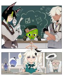  2boys 2girls absurdres animal_ear_fluff animal_ears black_hair blonde_hair closed_mouth cyno_(duolingo)_(genshin_impact) cyno_(genshin_impact) dark-skinned_male dark_skin duo_(duolingo) duolingo eudaemi flins_(genshin_impact) fox_boy fox_ears genshin_impact green_eyes green_hair hair_between_eyes hair_ornament hair_over_one_eye halo hat highres holding jahoda_(genshin_impact) long_hair looking_at_viewer male_focus multicolored_hair multiple_boys multiple_girls paimon_(duolingo)_(genshin_impact) paimon_(genshin_impact) red_eyes short_hair third_eye tighnari_(duolingo)_(genshin_impact) tighnari_(genshin_impact) white_hair 