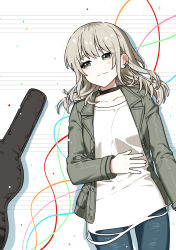  1girl awa_subaru blue_pants brown_jacket commentary_request ear_piercing ebizuka_tomo girls_band_cry grey_eyes grey_hair guitar_case habsida_(habsida_hpy) hand_on_own_chest highres instrument_case iseri_nina jacket kawaragi_momoka long_hair long_sleeves lying multicolored_hair on_back open_clothes open_jacket pants piercing roots_(hair) rupa_(girls_band_cry) shirt solo symbolism togenashi_togeari white_shirt 