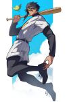  1boy absurdres april_fools baseball_bat baseball_uniform bird character_request dark-skinned_male dark_skin fate/grand_order fate_(series) front_ponytail full_body haruakira highres large_hands looking_at_viewer male_focus official_alternate_costume shirt shoes short_hair short_ponytail smile socks solo sportswear 