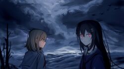  2girls bare_tree black_hair black_neckerchief blue_serafuku blue_shirt brown_hair closed_mouth clouds cloudy_sky dark_cloud glowing glowing_eyes grey_sky haidao_mao hair_between_eyes hair_ornament hairclip highres long_hair looking_at_another looking_at_viewer medium_hair multiple_girls neckerchief ocean oumi_shiori outdoors overcast red_eyes sailor_collar school_uniform serafuku shirt sky smile tree upper_body watashi_wo_tabetai_hitodenashi white_sailor_collar yaotose_hinako 