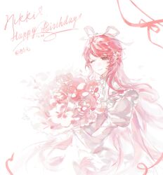  1girl artist_name bib_collar bouquet buttons character_name cherry_blossoms chinese_commentary commentary_request cowboy_shot dated dress english_text floating_hair flower frilled_dress frills hair_flower hair_ornament hair_ribbon happy happy_birthday heart highres holding holding_bouquet jintianshigehaotianqine juliet_sleeves large_ribbon long_dress long_hair long_sidelocks long_sleeves nikki_(nikki) nikki_(series) petals pink_flower pink_hair pink_ribbon puffy_sleeves ribbon sidelocks simple_background solo standing turtleneck turtleneck_dress very_long_hair wavy_hair white_background white_dress white_ribbon 