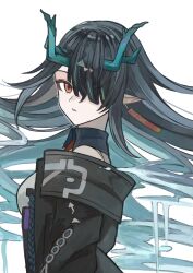  1girl absurdres arknights black_hair black_jacket blue_hair colored_inner_hair commentary dragon_girl dragon_horns dusk_(arknights) earrings floating_hair hair_over_one_eye highres horns jacket jewelry looking_at_viewer multicolored_hair one_eye_covered orange_eyes parted_lips pointy_ears simple_background solo udo_(akn_otk) upper_body white_background 