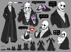 1boy 2016 2d alternate_form animal annoying_dog arms_behind_back belt black_belt black_coat coat color_guide cowboy_shot cropped_torso digital_media dog duo flag full_body glitch grey_background hand_up hat holding holding_animal holding_dog holding_flag hole_in_hand hollow_eyes humanoid male male_focus male_only monster monster_boy multiple_views nightcap purple_hat rb_(sparkleee-sprinkle) shadow simple_background skateboard skateboarding slime speech_bubble standing sunglasses sweater text translation_request turtleneck turtleneck_sweater undertale utdr_(toby_fox) w.d._gaster white_dog white_fur white_sweater wingdings