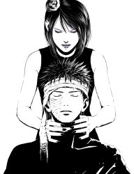 1boy 1girl cloak closed_eyes commentary_request eyelashes eyeliner flower hair_flower hair_ornament headband highres konan_(naruto) makeup matsu_(fu6ide2) naruto_(series) naruto_shippuuden open_mouth purple_eyeliner purple_lips scar scar_on_cheek scar_on_face shirt sleeveless sleeveless_shirt spiky_hair uchiha_obito 
