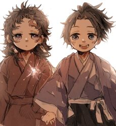  2boys aged_down black_hakama child earrings hakama hanafuda_earrings haori highres holding_hands japanese_clothes jewelry kimetsu_no_yaiba kimono long_hair male_focus multiple_boys parted_lips purple_haori purple_kimono red_kimono scar scar_on_face scar_on_forehead short_hair simple_background teeth tongue tsugikuni_michikatsu tsugikuni_yoriichi white_background yakitorisan09 