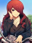  1girl aged_up black_jacket blue_sky blurry blurry_background brown_eyes closed_mouth commentary english_commentary eyebrows_hidden_by_hair hair_over_one_eye hand_on_own_cheek hand_on_own_face hand_up highres jacket kirijou_mitsuru kuki_tan lips long_hair looking_at_viewer motor_vehicle motorcycle outdoors persona persona_3 redhead sidelocks sky smile solo straight-on upper_body v-shaped_eyebrows wavy_hair 