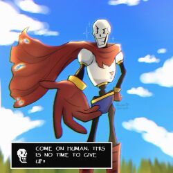 1boy 2025 2d armor artist_name blue_shorts blue_sky boots cape chromatic_aberration clouds day dialogue_box digital_media english_text foreshortening gloves grin hand_on_own_hip humanoid looking_at_viewer making-of_available male male_focus male_only monster monster_boy outdoors papyrus_(undertale) reaching reaching_towards_viewer red_boots red_cape red_gloves shorts skeleton sky smile solo sparkle teeth text tirzah_tortilla undead undertale utdr_(toby_fox) white_armor