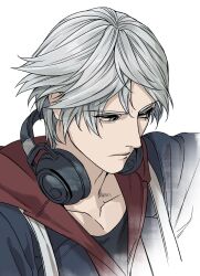  1boy blue_jacket closed_mouth collarbone commentary_request devil_may_cry_(series) devil_may_cry_4 eubneung10571 grey_eyes grey_hair headphones headphones_around_neck highres hood hood_down hooded_jacket jacket korean_commentary looking_to_the_side male_focus nero_(devil_may_cry) parted_hair portrait short_hair sideways_glance solo 