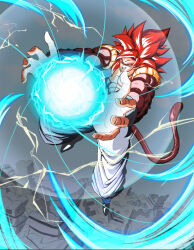  1boy big_bang_kamehameha blue_eyes blue_sash body_fur dougi dragon_ball dragon_ball_gt gogeta highres kamehameha_(dragon_ball) long_hair male_focus metamoran_vest monkey_boy monkey_tail muscular muscular_male no_nipples pants pectorals red_fur red_hair saiyan sash solo spiky_hair super_saiyan super_saiyan_4 tail user_jpsp3828 