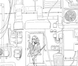  1girl a_vabo. blunt_bangs closed_mouth coat commentary condenser_unit expressionless glasses graffiti greyscale hatching_(texture) holding hood hood_up hooded_coat i_my_mayday kachimachi_kosuzu linear_hatching lineart link!_like!_love_live! looking_at_viewer love_live! monochrome open_clothes open_coat open_door outdoors solo virtual_youtuber 