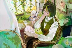  1girl 2boys animal_ear_fluff animal_ears beret black_hair blonde_hair book cyno_(duolingo)_(genshin_impact) cyno_(genshin_impact) duo_(duolingo) duolingo fox_boy fox_ears genshin_impact glasses green_eyes green_hair grey_hair hair_over_one_eye halo hat holding holding_book kyoukaraa long_sleeves multicolored_hair multiple_boys official_alternate_costume open_mouth paimon_(genshin_impact) short_hair tighnari_(duolingo)_(genshin_impact) tighnari_(genshin_impact) white_hair 