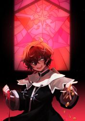  1boy absurdres ahoge alternate_costume bishounen black_dress blood blood_on_hands coin dress fangs gold_coin hair_ornament hairpin highres holostars holostars_english long_sleeves looking_at_viewer machina_x_flayon male_focus nun open_mouth red_hair short_hair stained_glass teeth tehnyo upper_body upper_teeth_only virtual_youtuber 