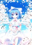  1girl absurdres blue_eyes blue_hair blue_sky chisen_maimai clothes_lift dress dress_lift flower hair_ribbon highres looking_at_viewer mai_(touhou) ribbon short_hair sky solo touhou touhou_(pc-98) white_dress white_ribbon white_wings wings 