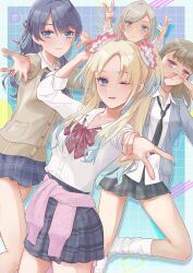  4girls absurdres alternate_costume black_necktie black_skirt blonde_hair blue_background blue_eyes blue_hair blue_skirt border bow bowtie brown_cardigan brown_hair cardigan cardigan_around_waist ceras_yanagida_lilienfeld closed_mouth clothes_around_waist collared_shirt commentary cowboy_shot dress_shirt expressionless feet_out_of_frame flower gradient_background gradient_hair grey_cardigan grey_hair grid_background gyaru gyaru_w hair_flower hair_ornament half_updo heisei_gals!!!!_(love_live!) highres kachimachi_kosuzu kobassy kogal link!_like!_love_live! long_sleeves looking_at_viewer loose_bowtie loose_necktie loose_socks love_live! miniskirt multicolored_hair multiple_girls murano_sayaka necktie one_eye_closed open_cardigan open_clothes open_hand osawa_rurino outside_border parted_bangs parted_lips pink_cardigan pink_eyes pink_flower plaid_clothes plaid_skirt pleated_skirt red_bow red_bowtie school_uniform shirt skirt sleeves_rolled_up smile socks virtual_youtuber w white_border white_shirt white_socks 