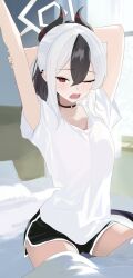  1girl arms_up bed black_choker black_hair black_horns black_shorts blue_archive choker demon_horns dolphin_shorts earclip grey_halo hair_between_eyes halo highres horns indoors kayoko_(blue_archive) keyan_art looking_at_viewer multicolored_hair one_eye_closed open_mouth piercing ponytail red_eyes shirt short_shorts short_sleeves shorts sitting solo stretching two-tone_hair waking_up white_hair white_shirt yawning 