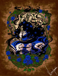  1girl absurdres barbara_(dq6) barbara_(yakusoku_no_neverland) blue_dress blue_flower blue_rose dress flower frilled_dress frills hair_flower hair_ornament highres long_hair long_sleeves plant puffy_sleeves rose shadows_house signature solo thorns vines wavy_hair 