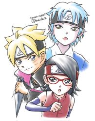  1girl 2boys black_eyes black_hair black_headband black_jacket blonde_hair blue_arm_warmers blue_eyes blue_hair boruto:_naruto_next_generations commentary_request corrupted_twitter_file forehead_protector headband highres holding holding_kunai holding_weapon jacket kunai matsu_(fu6ide2) meitantei_conan mitsuki_(naruto) multiple_boys naruto_(series) parody red_headband style_parody twitter_username uchiha_sarada uzumaki_boruto watermark weapon yellow_eyes 