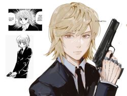 1boy artist_name black_jacket black_necktie blonde_hair brown_eyes chain clivenzu collared_shirt gun handgun highres holding holding_gun holding_weapon hunter_x_hunter jacket kurapika long_sleeves looking_at_viewer necktie reference_inset shirt short_hair simple_background suit togashi_yoshihiro weapon white_background white_shirt 