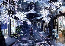 1girl architecture building cherry_blossoms city commentary east_asian_architecture facing_away from_behind highres kyuui night original outdoors painting_(medium) road scenery shop standing street traditional_media watercolor_(medium) wide_shot 