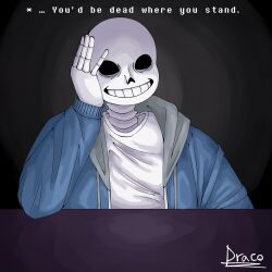  1:1 1boy 2025 2d artist_name black_background blue_jacket digital_media dracoflare elbow_rest english_text grey_hood grin hand_on_own_face highres hollow_eyes hood hood_down hooded_jacket humanoid jacket male male_focus male_only monster monster_boy open_clothes open_jacket pinky_out sans_(undertale) shirt simple_background skeleton smile solo teeth text undead undertale utdr_(toby_fox) white_shirt 
