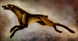 1boy animal animal_focus brown_background brown_theme claws commentary english_commentary eve_online from_side long_neck mane running science_fiction short_tail slaver_hound_(eve_online) sleepwalks tail teeth