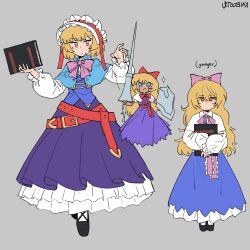  1girl alice_margatroid alice_margatroid_(pc-98) arms_up belt black_shoes blonde_hair blue_capelet blue_eyes blue_shirt blue_skirt book bow bowtie capelet closed_mouth commentary dot_mouth dot_nose dress dual_persona english_commentary english_text frilled_hairband frilled_skirt frilled_sleeves frills frown gold_buttons grey_background grimoire_of_alice hair_between_eyes hair_bow hairband highres holding holding_book holding_polearm holding_shield holding_weapon jitome kaibootsu lance layered_skirt long_hair long_skirt long_sleeves looking_down medium_hair multiple_belts neck_ribbon orange_eyes pink_belt pink_bow pink_bowtie pink_ribbon polearm puffy_long_sleeves puffy_sleeves puppet_strings purple_dress purple_skirt red_belt red_bow red_bowtie red_hairband ribbon shanghai_doll shield shirt shoes signature simple_background skirt socks swept_bangs touhou v-shaped_eyebrows weapon white_capelet white_shirt white_skirt white_socks white_trim 