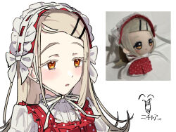  1girl blonde_hair blush bonnet bow chibigurumi chinstrap collared_shirt colored_eyelashes commentary_request dress earrings flipped_hair gakuen_idolmaster gradient_hair grey_hair highres idolmaster jewelry lolita_fashion long_hair looking_ahead multicolored_hair open_mouth orange_eyes parted_bangs photo_inset pinafore_dress polka_dot polka_dot_dress red_dress reference_inset shinosawa_hiro shirt sleeveless sleeveless_dress solo stud_earrings sumomo_otome upper_body white_bonnet white_bow white_shirt 