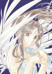  1girl aa_megami-sama absurdres angel_wings antenna_hair blue_dress brown_hair dress earrings facial_mark feathered_wings floating_hair forehead_mark fujishima_kousuke highres jewelry long_hair looking_at_viewer non-web_source official_art open_mouth ponytail ring scan self-scan smile wings 