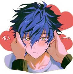  1boy 1other blue_hair closed_mouth crew_neck ensemble_stars! hair_between_eyes hands_on_another's_face heart looking_at_viewer sarara_rarara sazanami_jun short_hair two-tone_background white_background yellow_eyes 