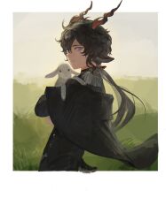  1boy absurdres animal_ears arknights bishounen black_capelet black_hair capelet cowboy_shot ebenholz_(arknights) goat_boy goat_ears goat_horns highres horns looking_at_viewer male_focus sheep short_hair solo violet_eyes yomotobi 