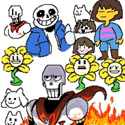  2023 2boys 2d 2others ambiguous_gender animal animal_on_head annoying_dog armor blue_hood blue_jacket blue_shirt blue_shorts boots brothers brown_boots brown_hair cape chara_(undertale) creature cropped_head cropped_torso digital_media dog fire flower flowey_(undertale) frisk_(undertale) gloves hollow_eyes hood hood_down hooded_jacket horizontal-striped_clothes human humanoid jacket male monster monster_boy multiple_boys multiple_others oekaki open_clothes open_jacket pants papyrus_(undertale) pink_stripes pixel_art plant red_cape red_gloves sans_(undertale) shirt short_hair shorts siblings simple_background skeleton striped_clothes striped_shirt teeth thumbs_up two-tone_shirt undead undertale utdr_(toby_fox) white_armor white_background white_dog white_shirt yellow_flower zeeetto007 