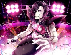 1boy 2016 2d absurdres android black_background black_hair commentary dark_background digital_media dynamic_pose english_commentary gloves gradient_background hair_over_one_eye highres holding holding_microphone huge_filesize humanoid humanoid_robot invidiata large_filesize looking_at_viewer male male_focus male_only mettaton mettaton_ex microphone pauldrons pink_eyes robot robot_boy short_hair solo stage stage_lights undertale utdr_(toby_fox) white_gloves